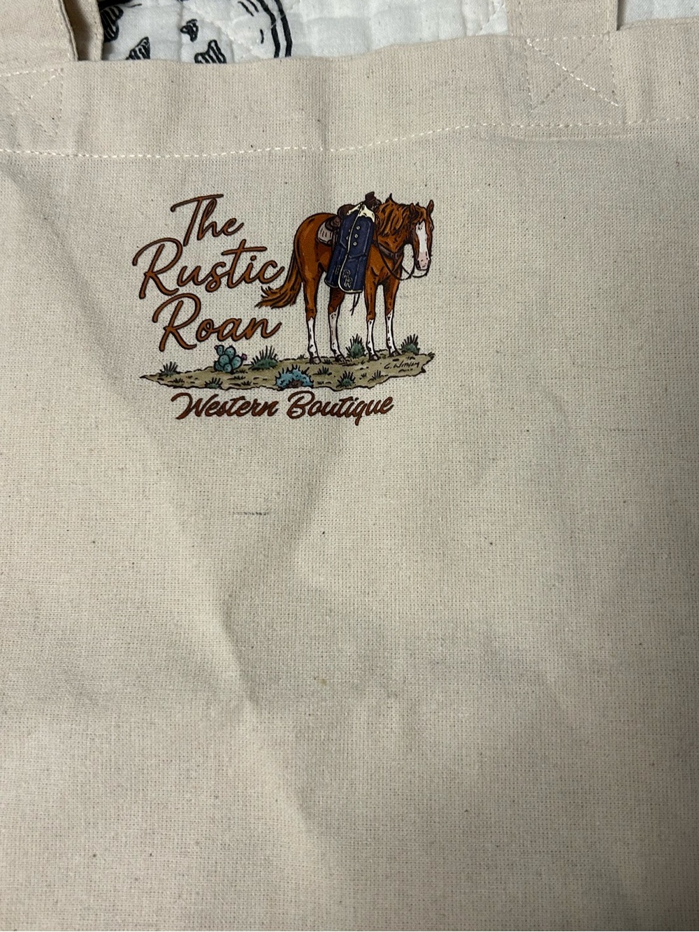 The Rustic Roan Western Boutique Canvas Tote - Natural with Brown Horse Graphic